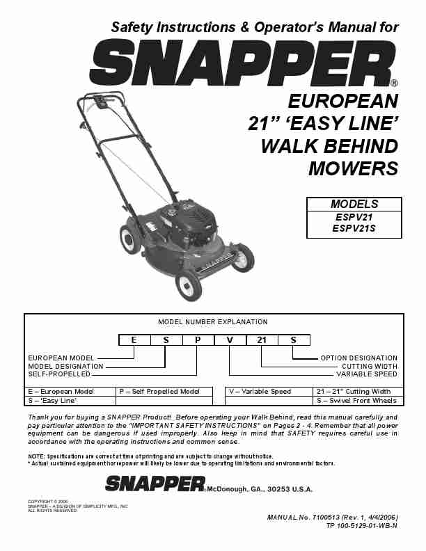 Snapper Lawn Mower ESPV21, ESPV21S-page_pdf